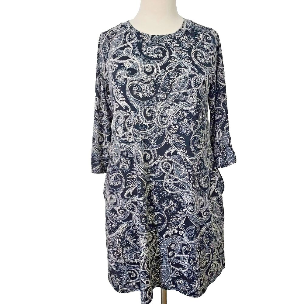 Apt. 9 Tunic Dress Black White Stretch Womens Size Small Pockets 3/4 Sleeves